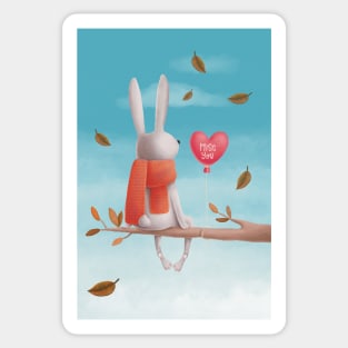 Miss you! Cute rabbit sitting in a tree thinking of his love in the autumn Sticker